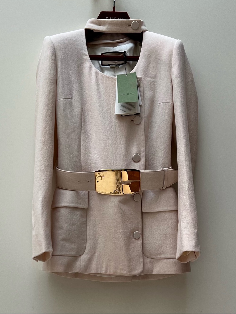 Gucci Pale Collarless Belted Jacket with Gold Buckle